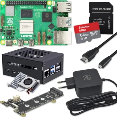 Abbildung von Raspberry Pi 5 8GB PCIe M.2 NVMe Kit Metallgehäuse Active Cooler SSD Board USB C 27W Netzteil 64GB SD Karte 4K Micro HDMI Kabel