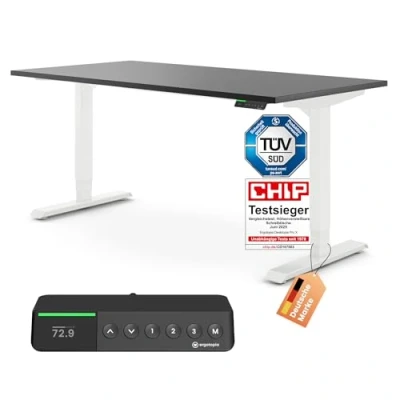 Abbildung von Ergotopia Desktopia Pro x Elektrisch höhenverstellbarer Schreibtisch, Ergonomischer Stehtisch für Büro oder Home Office (Schwarz, Gestell Weiß, 120 80 cm)