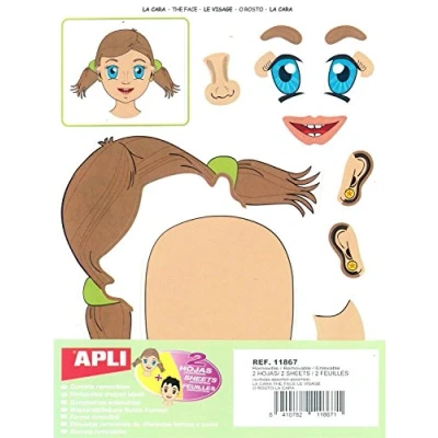 Abbildung von APLI Kids 11867 Packung mit 2 Bögen Aufklebern zum Thema Gesicht Aufkleber Erlernen von Kindern, mehrfarbig, mittel