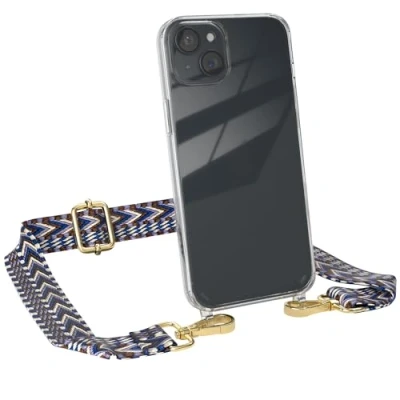Abbildung von EAZY CASE Handykette mit verstellbarem Trageriemen für iPhone 15 Plus Taschengurt zum Wechseln transparenter Handyhülle Hülle dünner Schulterriemen in Blau Weiß Gold