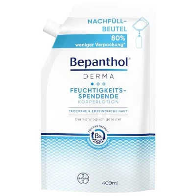 Abbildung von Bepanthol DERMA Feuchtigkeitsspendende Körperlotion, Körperpflege für empfindliche und trockene Haut, dermatologisch getestete Feuchtigkeitscreme mit Dexpanthenol, 400 ml Nachfüllbeutel