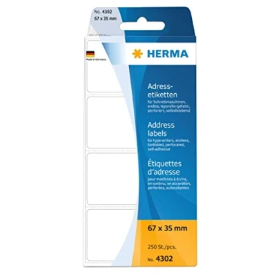 Abbildung von HERMA 4302 Adressetiketten für Schreibmaschinen, endlos, 67 x 35 mm, 250 Stück, selbstklebend, matt, leporello gefalzt, blanko Papier Adressaufkleber Klebeetiketten Aufkleber, weiß