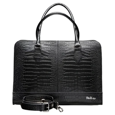Abbildung von Su.B Laptoptasche 15,6 Zoll für Damen, Umhängetasche aus Kroko Print Leder mit Schulterriemen und Kofferband, Hergestellt in Italien Schwarz
