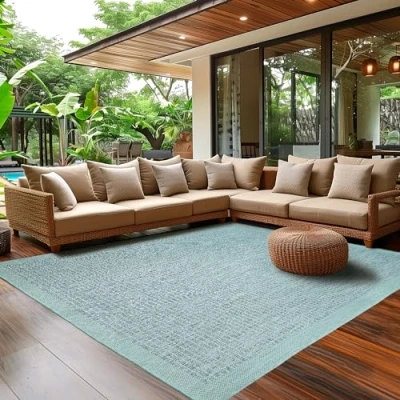 Abbildung von SIMPEX Outdoor Teppich Wetterfest Terrasse Balkon Garten Küchenteppich Einfarbiges Design Flachgewebe Sisal Look Waschbarer Teppich, Größe: 160 x 230 cm, Farbe: Blau