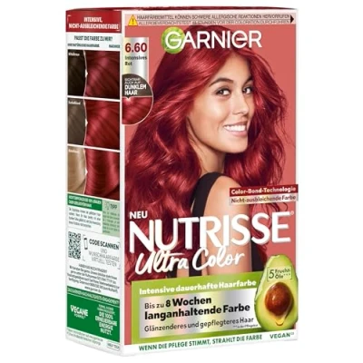 Abbildung von Garnier Creme Coloration, Färbung für Haare permanente Haarfarbe mit 3 nährenden Ölen, 100% Grauabdeckung, Nutrisse, Intensiv Rot 6.60, 1 Stück