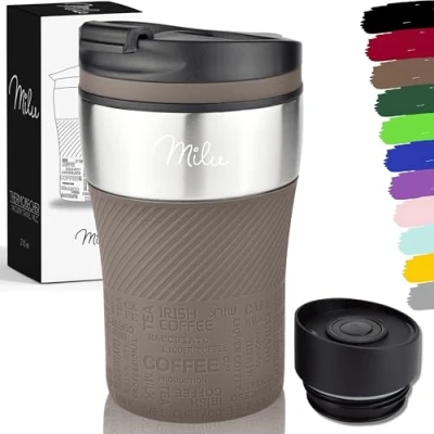 Abbildung von Milu Thermobecher Kaffee to go 210ml 100% Auslaufsicher Isolierbecher, Kaffeebecher, Trinkbecher aus Edelstahl Autobecher doppelwand Isolierung Travel Mug (Braun)