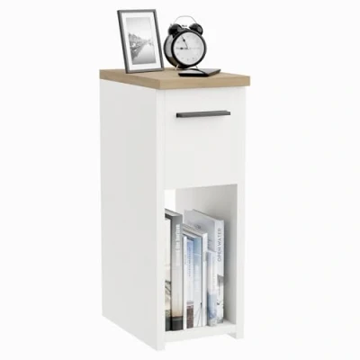 Abbildung von ComfortCove Nachttisch, Nachtschrank, Nachtkästchen, schmaler schlanker Beistelltisch mit Ablagefach und Griff, Weiß/Eiche. Größe: B20 x H55 T30,5 cm
