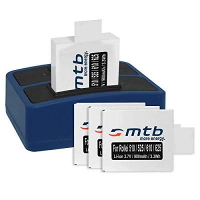 Abbildung von 4 Akkus + Dual Ladegerät (USB) für Rollei Actioncam AC 625, 610, 525, 510, 372 inkl. Micro USB Kabel