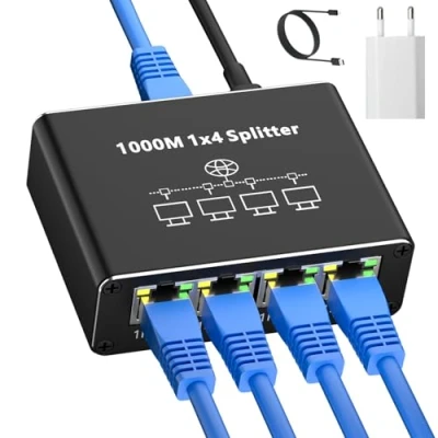 Abbildung von AOUZEA LAN Splitter 1 auf 4 1000Mbps Ethernet Switch Port Mit USB C Stromkabel Netzstecker Gigabit für Computer, Hub, Netzwerk Switch, Router, Set Top Box, Digital TV