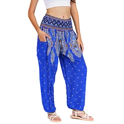 Abbildung von Lofbaz Damen Haremshose Yogahose Pumphose Hippie Hose Boho Kleidung Festival Outfit Sommerhose Leicht Sommer Hosen Floral 3 Blau M