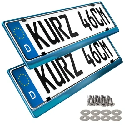 Abbildung von 2 Kurze Kennzeichenhalter in Edelstahl für 46cm Kennzeichen 100% auch passend gebogenen Stosstangen INOX C.4580 460mm Halter (Blau Chrom)