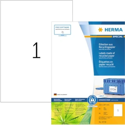 Abbildung von HERMA 10738 Recycling Etiketten, 80 Blatt, 210 x 297 mm, 1 pro A4 Bogen, Stück, selbstklebend, bedruckbar, matt, blanko Papier Klebeetiketten Aufkleber, natur weiß