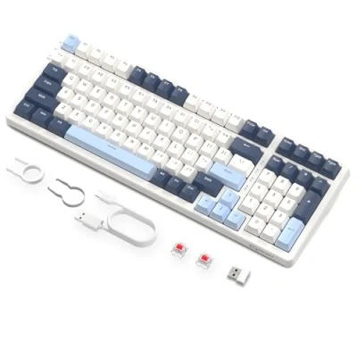 Abbildung von FREEWOLF K8 Drahtlose Hot Swap Mechanische Gaming Tastatur, kabelgebundene RGB Tastatur mit Backlit, Roter Schalter, Bluetooth 5,0/2,4 GHz/USB C Tri Modus 4000 mAH Akku für Mac/Win Blau/Weiß