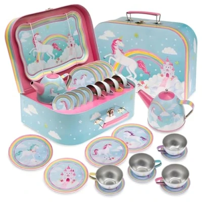 Abbildung von Jewelkeeper Kinderspiel Zinn Teeservice &amp; Tragetasche, Kindergeschirr Spielküche, 15 teilig Regenbogen Einhorn Design