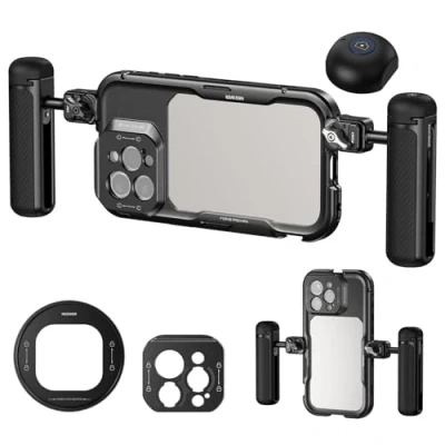 Abbildung von NEEWER 16 Pro Max Käfig mit Zwei seitliche Schnellspanner Griffe, Handy Video Rig, 67mm Filter Adapter, T Mount Objektiv Adapter kompatibel iPhone (PA074+PA045E+PA045B)