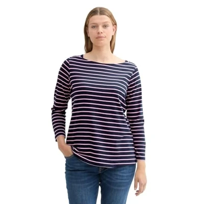 Abbildung von TOM Tailor PLUS Gestreiftes Langarm Langarmshirt, Damen, Größe: 44, Powder rose navy stripe