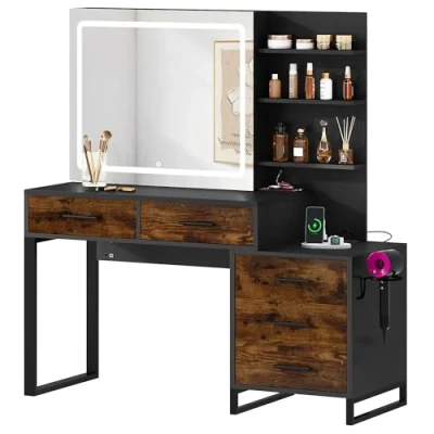 Abbildung von YITAHOME Schminktisch mit LED Beleuchtung,Schiebespiegel,3 Farben Einstellbarer Helligkeit,Kosmetiktisch Schubladen und Gehäuse,Rustikal braun
