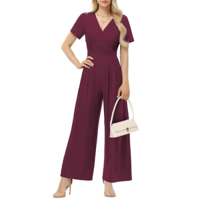 Abbildung von Tanmolo Damen Jumpsuit Elegant Sommer Kurzarm V Ausschnitt Overall Weites Bein Romper Mit Taschen Weinrot, S