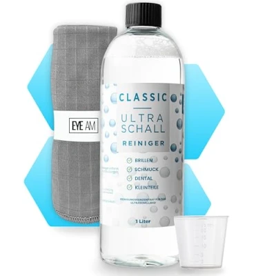 Abbildung von EyeAm Ultraschallreiniger Konzentrat, Ideal für Brillen, Schmuck, Dental, Glasreiniger (Inkl. Mikrofasertuch)