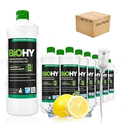 Abbildung von BiOHY Reinigungsmittel für Saugwischer mit Frischeduft (12 x 1 Liter) + Dosierer 1:200 Konzentrat alle Nass Trockensauger ideal Fliesen, PVC, Parkett, Laminat &amp; Teppich streifenfreier