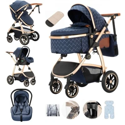 Abbildung von Lnhcrbs Kinderwagen 3 in 1, Baby ist mit Einstellbarer Höhe Griff, Bergsteiger Anti Moskitonetz Regen Abdeckung Mumie Tasche Flaschenhalter,for 0 4 Years,22Kg,Blau