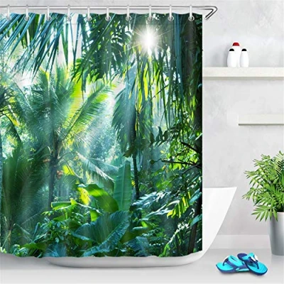 Abbildung von LB Duschvorhang Antischimmel Grün Blätter und Pflanzen im Wald Wasserdicht Polyester Stoff Dschungel Kurz für Badewanne mit 10 Haken,150X180CM