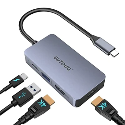 Abbildung von USB C Hub, SUTOUG Dockingstation, 4 in 1 Adapter mit zwei 4K HDMI Ports, 100 W Power Delivery Port, USBA 3.0 5 Gbit/s Datenport, kompatibel MacBook Pro, Chromebook und weiteren Typ Geräten