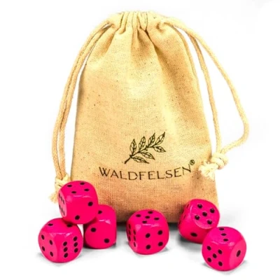 Abbildung von Waldfelsen 6, 12, 20, 30 oder 50 hochqualitative Holzwürfel aus echtem Buchenholz Augenwürfel Spielwürfel Holz in 16 mm Standardwürfel mit Stoffbeutel Würfelset (Pink, 6 Stück)