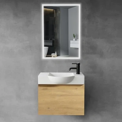 Abbildung von Alpenberger Badmöbel Set mit Waschbecken Badschrank Hängend Waschtisch Unterschrank Badezimmerschrank Spiegel für Kleine Bäder + Gäste WC Waschtischunterschrank Eiche N