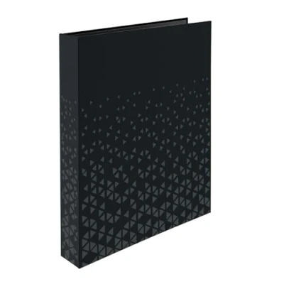 Abbildung von HERMA Ringbuch A4 Schwarz, schmal, 4 Ringe, 46 mm breit, Ringordner mit veredeltem Dreieck Muster und Softtouch Oberfläche, Hardcover Ordner für Fotohüllen, Prospekthüllen Sammelhüllen
