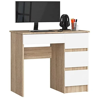 Abbildung von AKORD Computertisch Schreibtisch 4 Schubladen Komfort Hohe Qualität Solide Für Zuhause das Büro Ergonomie die Arbeit B90 x H77 T50 cm Sonoma Eiche &amp; Weiß Front