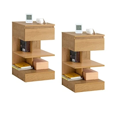 Abbildung von SoBuy FBT49 Nx2 Beistelltisch 2er Set Nachttisch 2 stücke Nachtschrank Kommode mit 1 Schublade und 3 Ablagen Natur BHT ca: 39x65x39cm