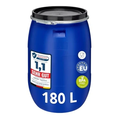 Abbildung von Garronda 180 Liter Regentonne mit Deckel Weithalsfass aus HDPE Regenfass für Garten Fass Regenwassertonne Futtertonne Universalfass Wasserfass Regentonnen Lebensmittelfass Wassertank GD 0078, Blau