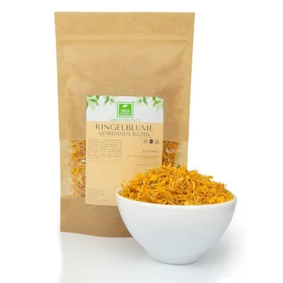 Abbildung von Ringelblumen getrocknete Blüten 100g von der Grünen Essenz aromatisch Blumen für Aufguss und Badezusatz Ringelblumentee Kräuterte Ringelblumenblüten (100 Gramm)