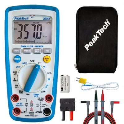 Abbildung von PeakTech 2180 Digitales Multimeter mit LCR Meter, Widerstand, Kapazität, Induktivität, Messgerät, 6000 Counts, Autorange, Strommessgerät, beleuchtetes LCD Display CAT III 1000 V, blau und weiß