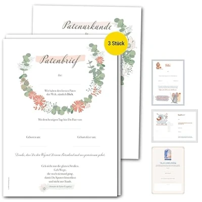 Abbildung von Frank Paperman Taufkarte Patenbrief Taufpaten, Urkunden Set, Paten Patenkind, Taufe floral, 100% Recyclingpapier, Erinnerung Taufe, Geschenk Geburt