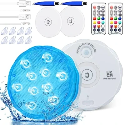 Abbildung von Idealife Wiederaufladbar Poolbeleuchtung UnterwasserLicht mit Fernbedienung Timer Magnetische WRGB Farbwechsel Stimmungslicht wasserdichte Teichbeleuchtung für Aquarium Weihnachten Garten 2 Stück