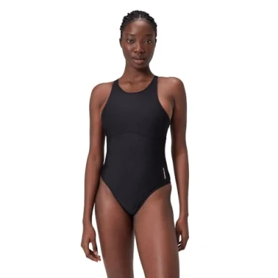 Abbildung von Speedo Einfarbiger Highneck Badeanzug Fitness Weiches Hautgefühl Premium Schwimmbekleidung für Damen, Anthrazit, XS