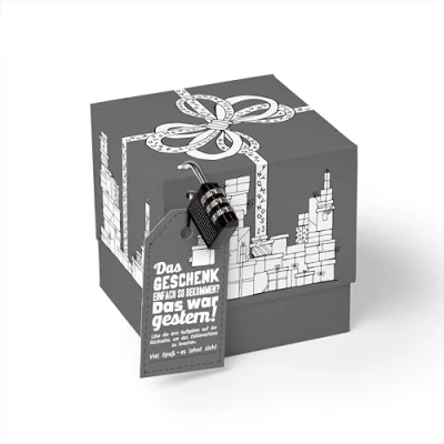 Abbildung von SURPRISA Geschenkbox Rätselbox persönliche Geschenkverpackung + Rätselspiel, Geburtstagsgeschenk für Männer, Geschenkrätsel grau