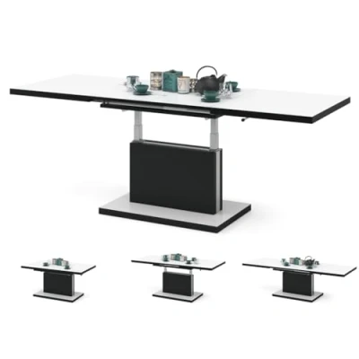 Abbildung von All4All Couchtisch Asti Kaffeetisch Wohnzimmertisch Höhenverstellbar mit Einlegeplatten Ausziehbar Sofatisch 120x70cm 05 Weiß + Schwarz