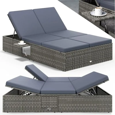 Abbildung von Casaria® Sonnenliege 2 Personen mit Klapptisch 7cm Auflagen Wetterfest Gartenliege 400kg Belastbar Gartenmöbel Liegestuhl Verstellbar Grau Anthrazit 200x115cm