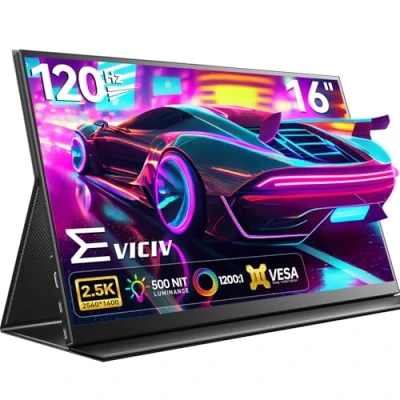 Abbildung von EVICIV Portable Monitor 2.5K 16 Zoll 120Hz Tragbarer mit 2560 * 1600 1200:1 Kontrast 400 Nits Metallgehäuse Bildschirm Mini HDMI/USB C für PC Laptop Telefon PS4/5 Switch, VESA Kompatibel