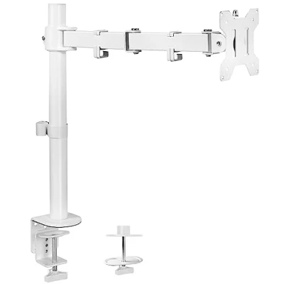 Abbildung von VIVO Schreibtischhalterung, 1 Arm, für Bildschirme bis zu 96,5 cm (38 Zoll), ultrabreit, voll Verstellbarer Ständer mit C Klemme und Ösenfuß, VESA 75 x mm oder 100 mm, Weiß, STAND V001W