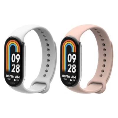 Abbildung von MoKo 2 Stück Armband Kompatibel mit Xiaomi Mi Band 9/Mi 8, Weiches Silikon Ersatzarmband Uhrenarmband Sportarmband Edelstahlstecker, Weiß/Hellrosa