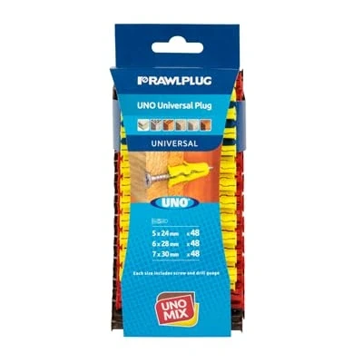 Abbildung von Rawlplug UNO Universal Dübel Set 6, 7, 8 mm für Gipskarton, Mauerwerk, Ziegel, Beton Massive Anti Dreh Funktionen Gipskartondübel 144 Stück
