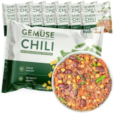 Abbildung von LiveFresh Gemüse Chili 14 x 400g vegane Diät Feriggerichte Low Carb Lebensmittel mit 26g Protein und nur 340 kcal pro Portion Schnell zubereitet Schonend schockgefrostet