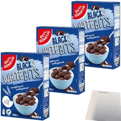 Abbildung von Gut&amp;Günstig Black &amp; White Bits Kakao Getreidekissen mit Cremefüllung 3er Pack (3x500g Packung) + usy Block