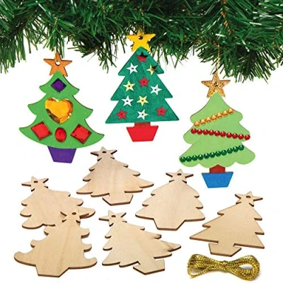 Abbildung von Baker Ross AX425 Weihnachtsbaum Dekorationen aus Holz 12 Stück, Festliche Kreativsets und Bastelbedarf zum Basteln Dekorieren zur Weihnachtszeit