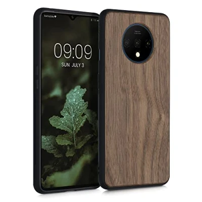 Abbildung von kwmobile Hülle kompatibel mit OnePlus 7T Holz Case stoßfestes Handy Cover TPU Handyhülle in Dunkelbraun