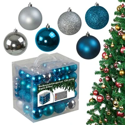 Abbildung von 120 teiliges Weihnachtskugeln Set aus Kunststoff Christbaumschmuck Baumschmuck in Glänzend Glitzernd Matt, Aqua/Silber